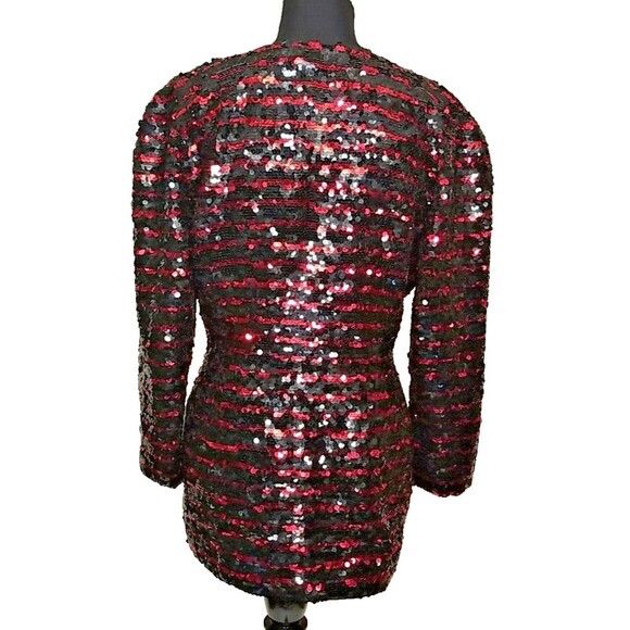 Vintage Sequin Silk Jacket By Black Tie Red Black sequined Size 6 Blazer T27 - Picture 7 of 12